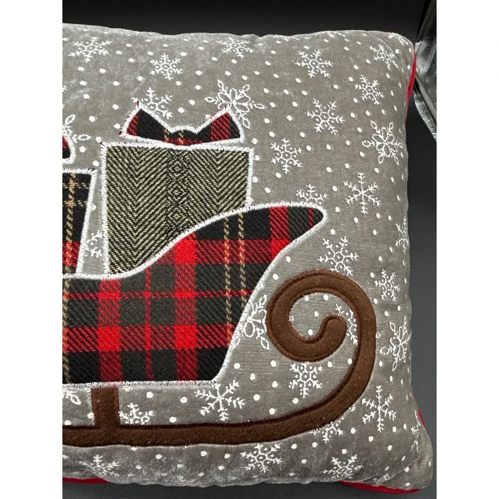 Santa Sleigh and Snowflake Christmas Throw Pillow/Red Trim -Soft Velvet Material